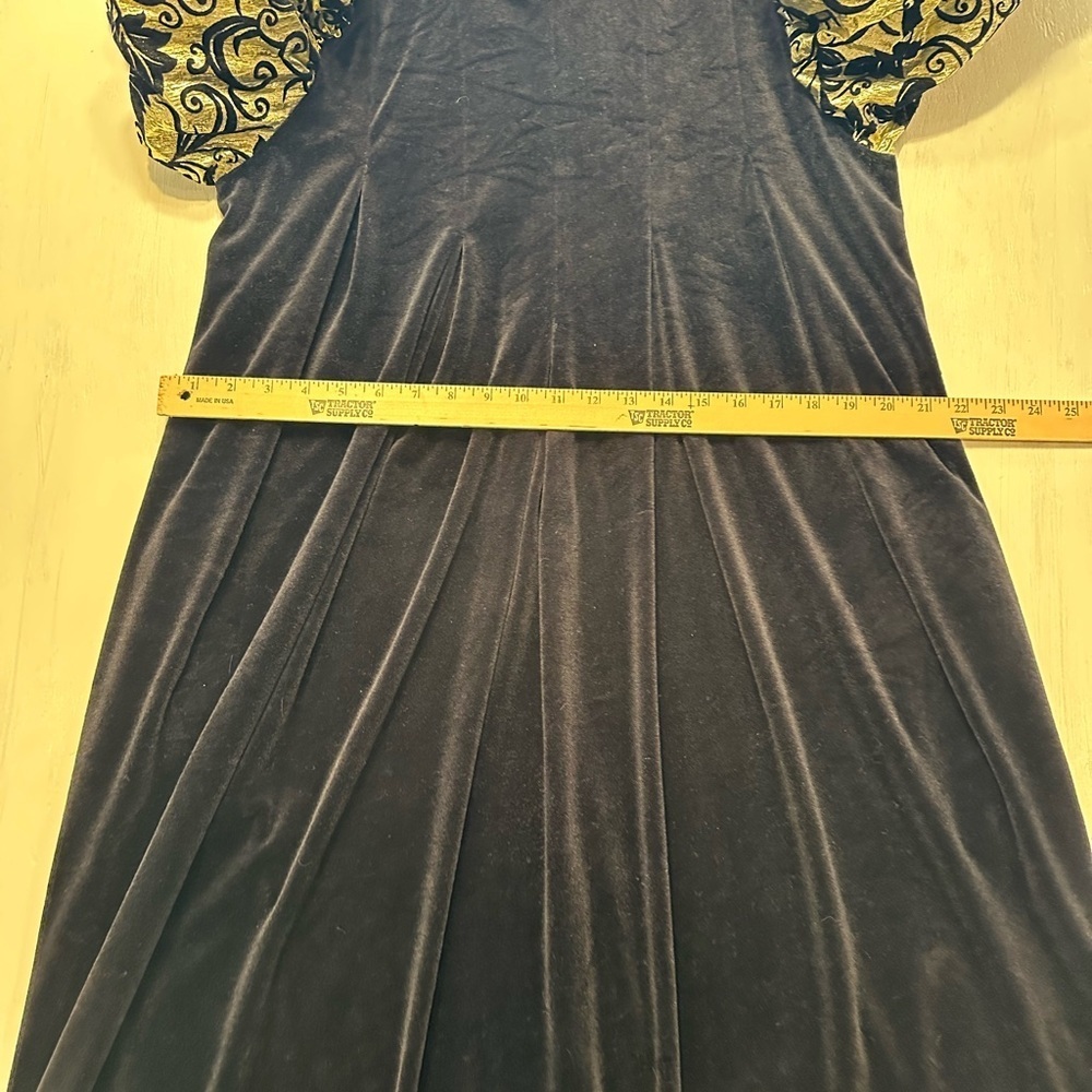 Vintage 80s David Brown Black Velvet Gold Puff Sleeve Evening Dress M - Picture 2 of 12